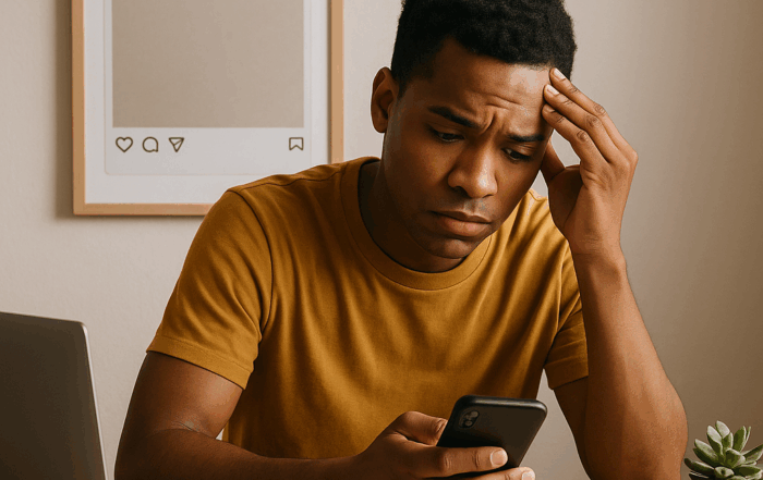 Jovem empreendedor com expressão de preocupação olhando para o celular, sentado em uma mesa com laptop, papéis de planejamento e uma planta, simbolizando dificuldades em criar conteúdo de marketing digital.