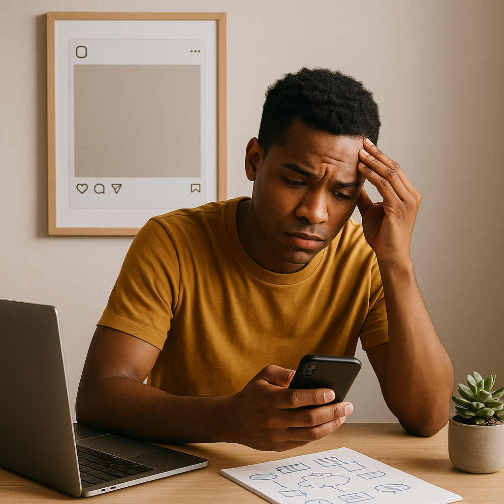 Empreendedor frustrado olhando o celular enquanto tenta criar conteúdo de marketing Jovem empreendedor com expressão de preocupação olhando para o celular, sentado em uma mesa com laptop, papéis de planejamento e uma planta, simbolizando dificuldades em criar conteúdo de marketing digital.