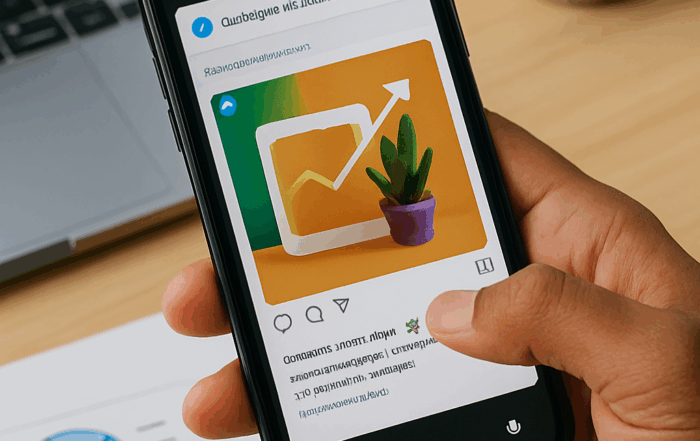 Pessoa segurando um smartphone enquanto cria uma postagem para Instagram usando inteligência artificial via WhatsApp, com pré-visualização de imagem e legenda.