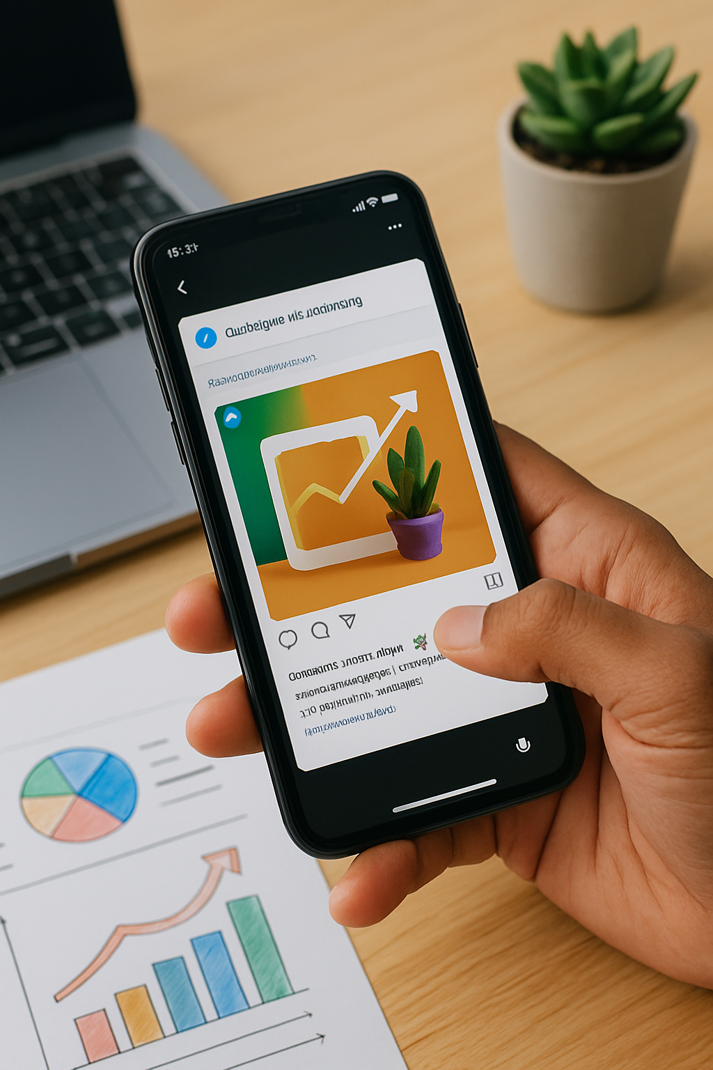 Criando postagem para Instagram via WhatsApp com inteligência artificial Pessoa segurando um smartphone enquanto cria uma postagem para Instagram usando inteligência artificial via WhatsApp, com pré-visualização de imagem e legenda.