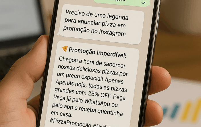 Pessoa segurando um iPhone 15 Pro exibindo uma conversa de WhatsApp com um assistente de inteligência artificial, mostrando uma legenda promocional de pizza para Instagram. Na tela, aparece a logo do Ideia na Mão e o texto da promoção, com fundo de madeira e um laptop desfocado ao fundo.
