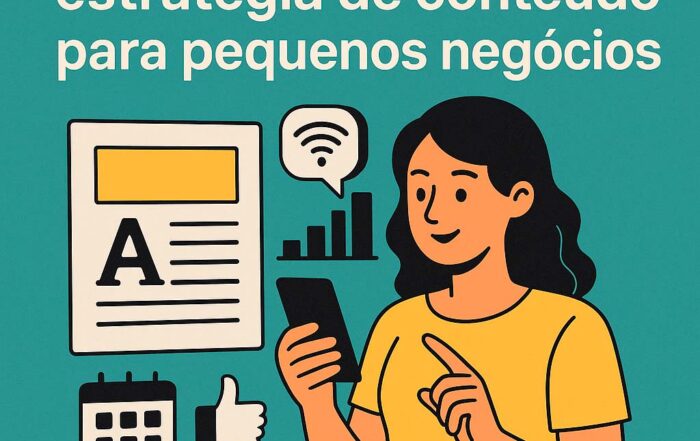Ilustração digital em estilo flat mostrando uma mulher sorrindo com um smartphone na mão, cercada por ícones de marketing digital como calendário, gráfico de barras, símbolo de Wi-Fi, um documento com letra A grande e um ícone de curtida, com fundo verde-petróleo.