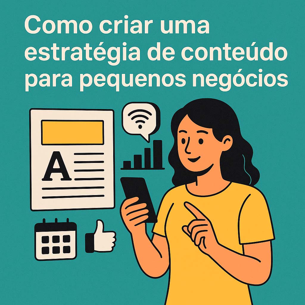Ilustração digital em estilo flat mostrando uma mulher sorrindo com um smartphone na mão, cercada por ícones de marketing digital como calendário, gráfico de barras, símbolo de Wi-Fi, um documento com letra A grande e um ícone de curtida, com fundo verde-petróleo.