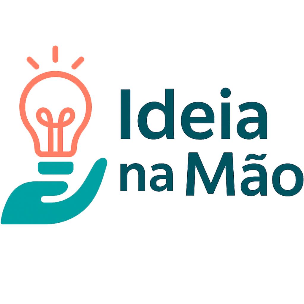 Logo do Ideia na Mão com ícone de lâmpada e mão em verde e laranja