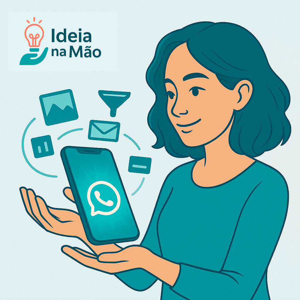 Empresária usando o app Ideia na Mão para marketing digital com inteligência artificial no celular Empresária usando o app Ideia na Mão para marketing digital com inteligência artificial no celular
